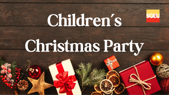 A photo with presents and holiday greenery. Text says "Children's Christmas Party".